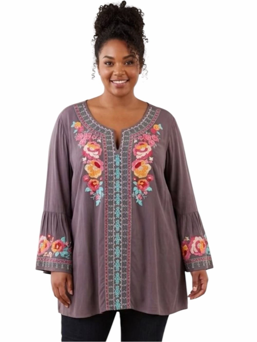 ANDREE BY UNIT Plum Tunic Top Multicolor Floral Embroidery 3X